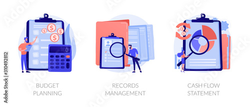 Money savings estimation, files organization system, financial report icons set. Budget planning, records management, cash flow statement metaphors. Vector isolated concept metaphor illustrations