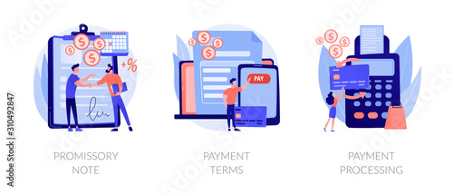 Money loan contract, exchange bill, online banking service, cash withdrawal icons set. Promissory note, payment terms, payment processing metaphors. Vector isolated concept metaphor illustrations photo