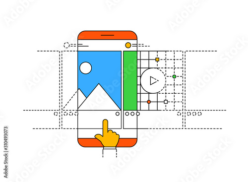 Carousel post in modern outline style. Smartphone with carousel interface post for social network, landing page design or application. Social media design concept on a white background.