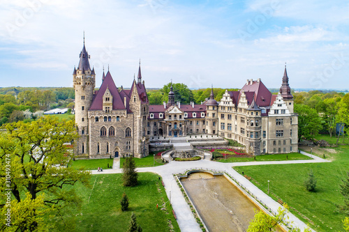 Fabulous historic castle in Moszna near Opole, Silesia, Poland. Built in XVII century, extended from 1900 to 1914. One of the best known and most beautiful monuments in Upper Silesia. Aerial view