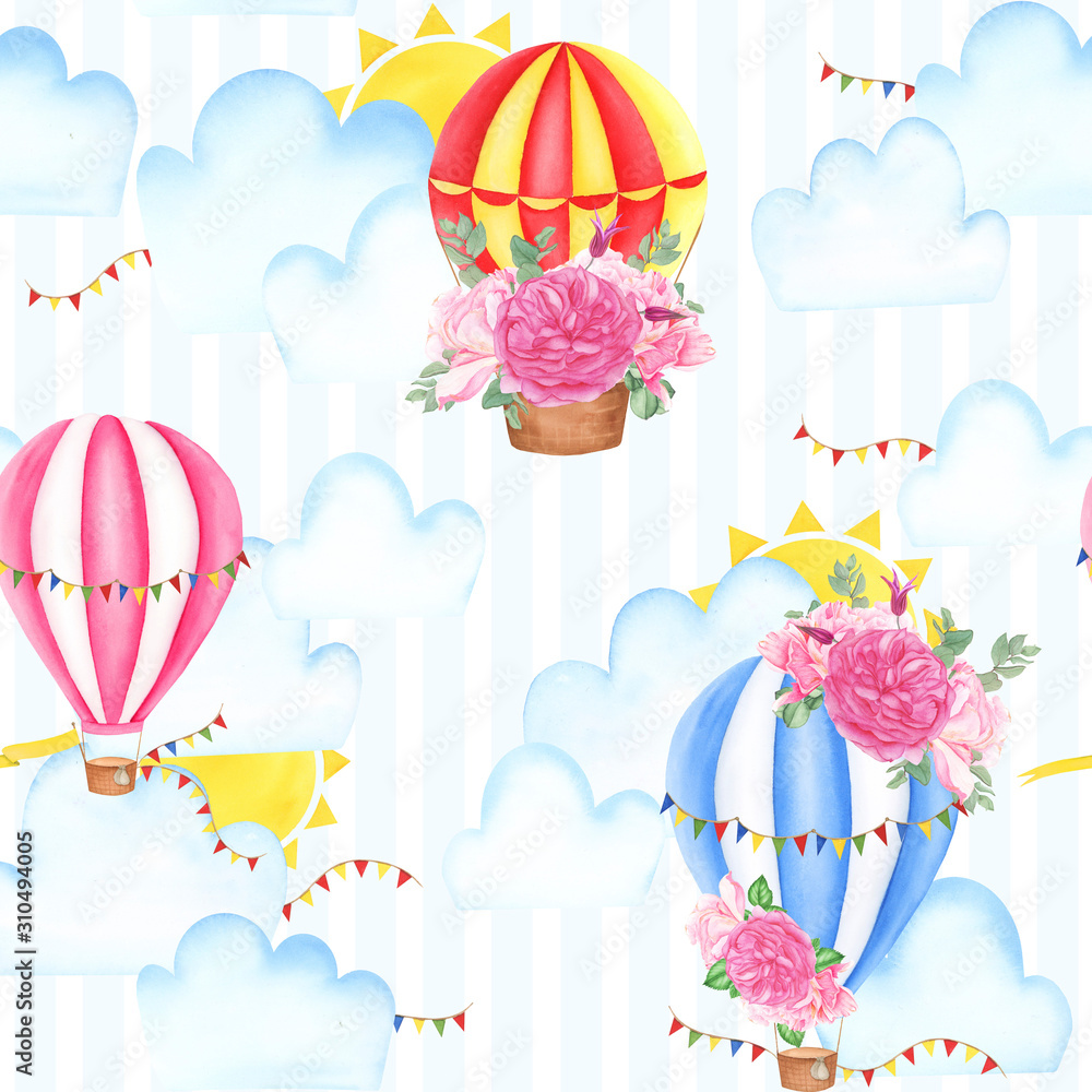 Seamless pattern with hot-air balloons, watercolor painting. For design cards, bankers, textile Seamless pattern with hot-air balloons, watercolor painting. For design cards, bankers, textile