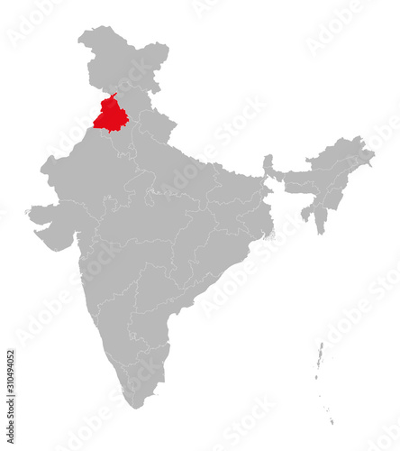 Punjab indian state highlighted red vector. Light gray background. Perfect for business concepts, backdrop, backgrounds, label, sticker, chart etc.