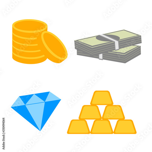 Wealth icons set. Valuable items to store in the Bank. Gold, money, coins, diamond. Isolated objects on white background. Vector illustration.