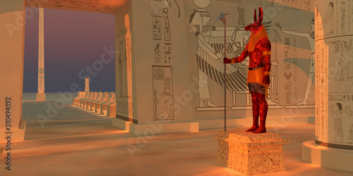 Seth God Statue - A statue of the god Seth stands in an Egyptian temple fronted by a tall obelisk and a row of sphinx. photo