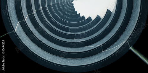 Digitally rendered image of curvilinear balconies. Modern architecture seen from low angle. Hi-rise building exterior. Modular architectural structure of multistory house. Round geometric composition.