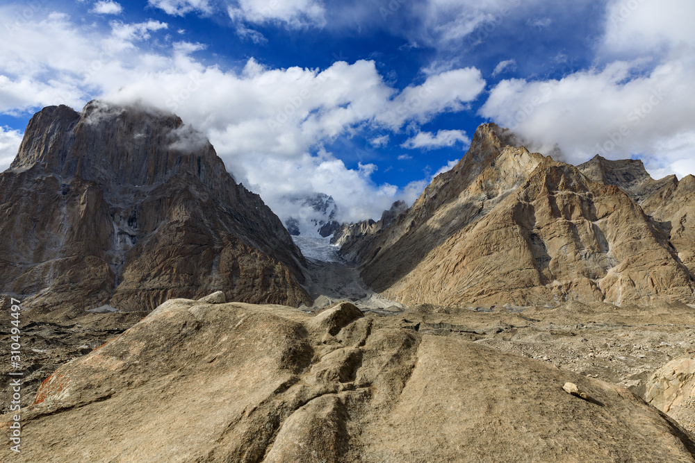 Mountain view from Camp Urdukas on the trek to Concordia, Karakoram mountain range, Pakistan