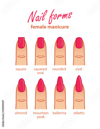 Nail shapes set.Female manicure. Different nail forms. Salon nails type trends