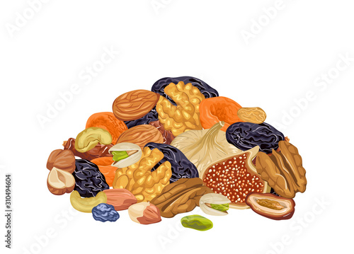 Pile of various dried fruits and nuts isolated on white background. Vector illustration of healthy organic food in cartoon flat style.