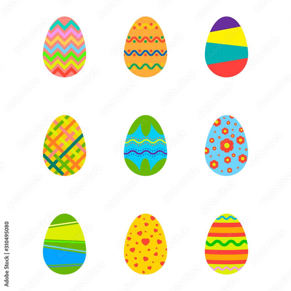 Set of painted eggs on an isolated white background in flat design. Happy Easter. Religious holiday