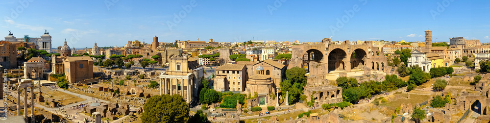 Ruins of the Roman Forum panorama at Palatino hill in Roma, Italy, Europe. Famous travel destination. Italian ancient roman architecture aerial view. Landmarks in eternal city. Summer holidays.