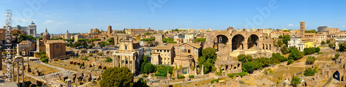 Ruins of the Roman Forum panorama at Palatino hill in Roma, Italy, Europe. Famous travel destination. Italian ancient roman architecture aerial view. Landmarks in eternal city. Summer holidays.