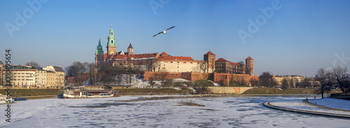 Krakow, Poland. Wide winter panorama of Wawel castle and cathedral with partly frozen Vistula river and a flying seagull. Sunset light.