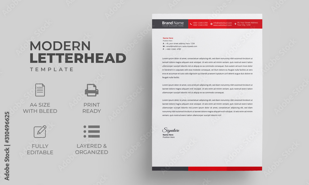 Letterhead Design Template with Red Elements - obrazy, fototapety, plakaty 
