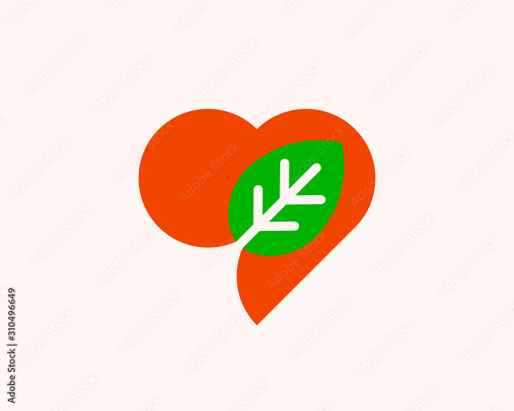 Simple green leaf and heart shape logo. Vector colorful modern minimal style illustration, emblem, symbol, logotype. Simple green leaf and heart shape logo. Vector colorful modern minimal style illustration, emblem, symbol, logotype.