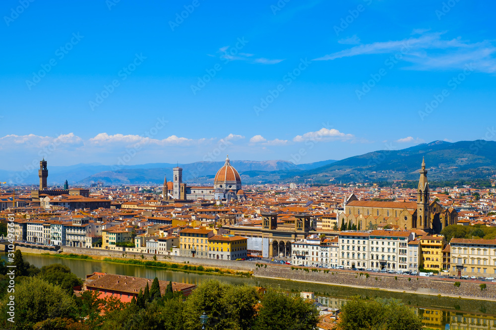 Beautiful landscape view of amazing Florence city with Cathedral Duomo Santa Maria del Fiori and bridges over the river Arno at sunset. Firenze scenery panorama, Italy Europe. Italian summer vacation.