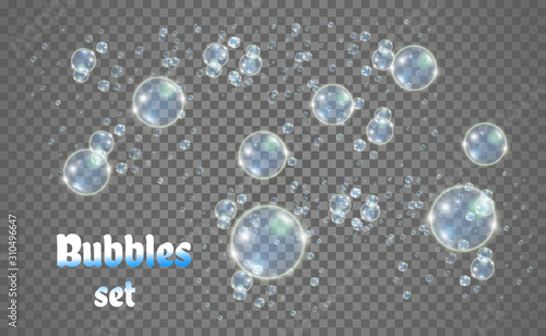 White beautiful bubbles on a transparent background vector illustration. Soap bubbles.
