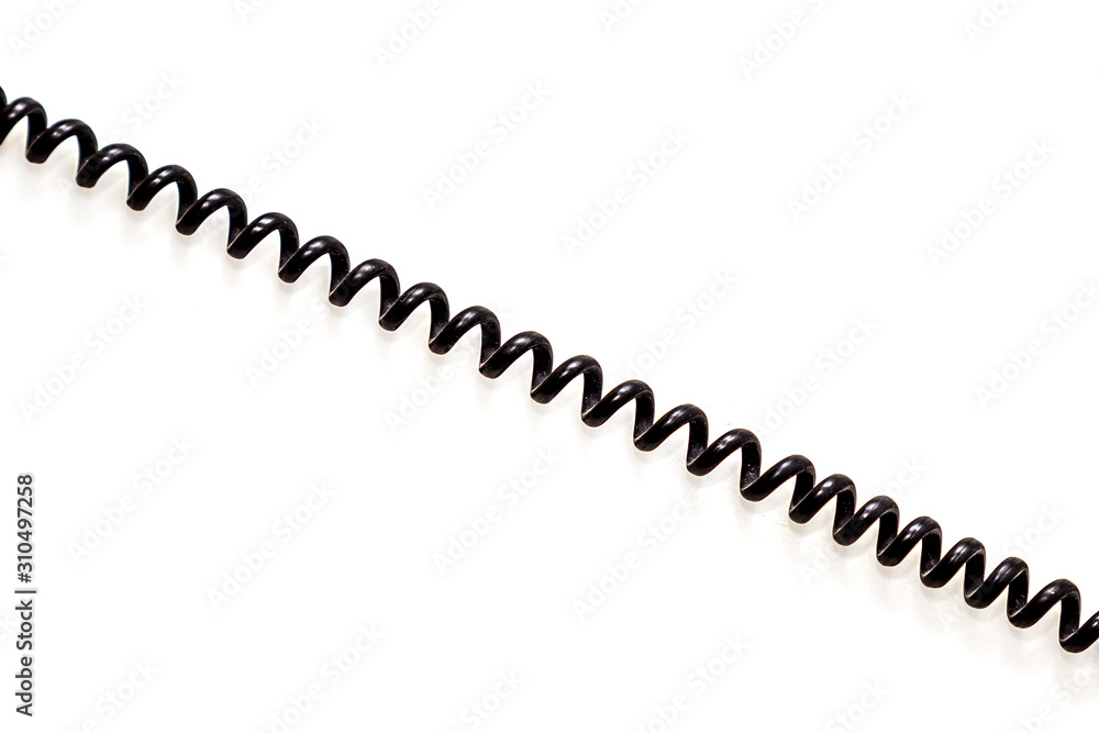 Black telephone cable isolated on white background close-up
