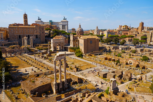 Ruins of the Roman Forum at Palatino hill in Roma, Italy, Europe. Famous travel destination. Italian ancient roman architecture aerial view. Landmarks in eternal city. Summer holidays.