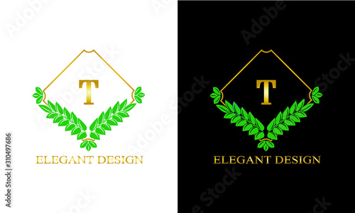 Design of magnificent ancient monogram. Decorative ornament on dark and light background with letter T. Gold and black pattern of brand, business sign, restaurant, boutique, hotel, emblem, jewelry.