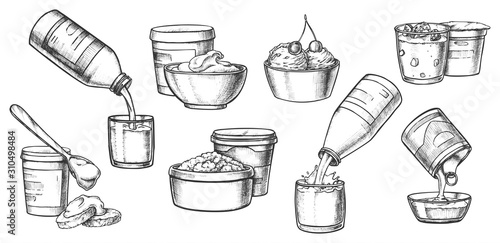Dairy milk products, cheese, yogurt sketch icons