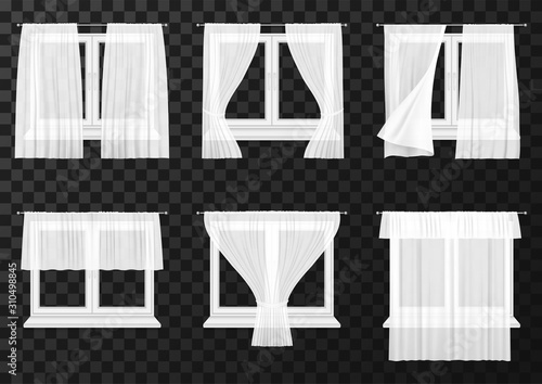 Realistic white curtain drapes on window frames