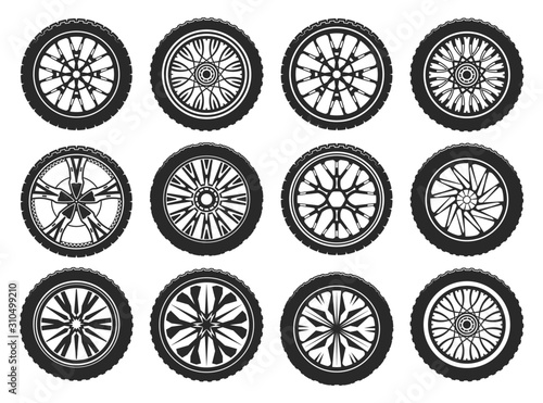 Vector icons of car tires, light alloy wheel rims photo