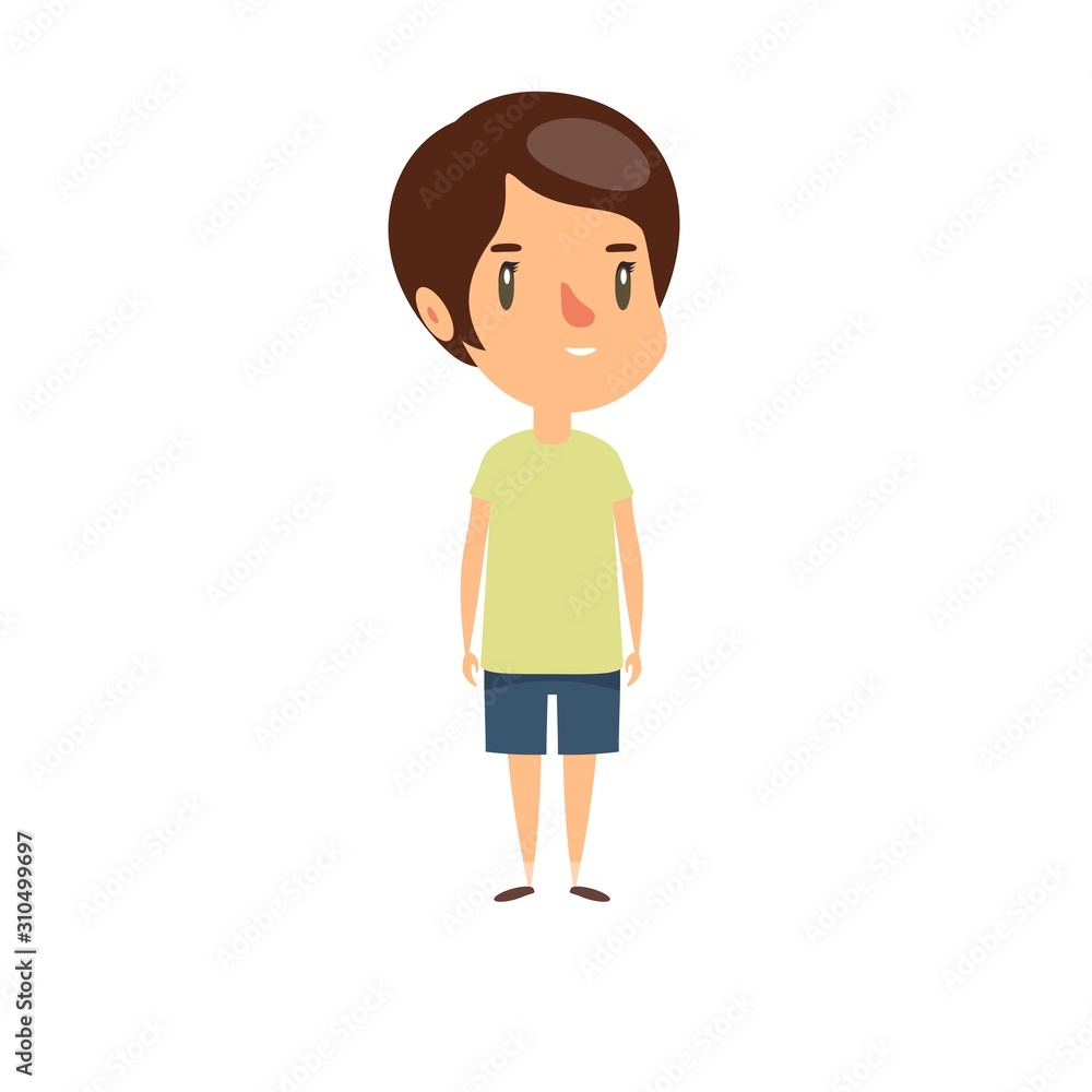 Smiling little child. Cheerful elementary school student, kindergarten pupil cartoon character. Kid flat vector illustration. Smiling little child. Cheerful elementary school student, kindergarten pupil cartoon character. Kid flat vector illustration.