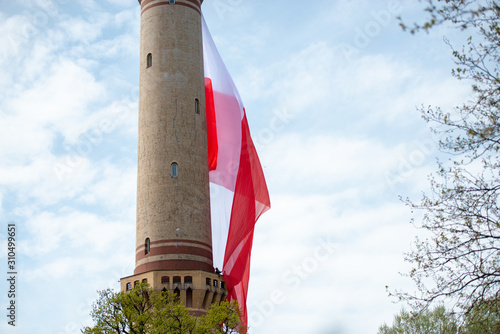 Historical lighthouse located in Swinoujscie, Poland, The construction was build in 1828 and height is 65 meters photo