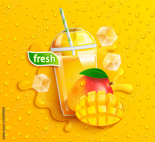 Fresh mango juice with ice and slice fruits, splash and apteitic drops from condensation on background, for brand,logo, template,label,emblem,store,packaging,advertising.Vector illustration.