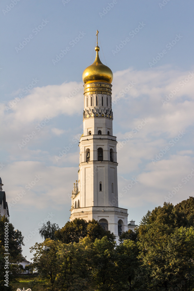 2019.09.07, Moscow, Russia. Kremlin architectural ensemble at sunny day. Golden domes of churches sparkle in the sun.