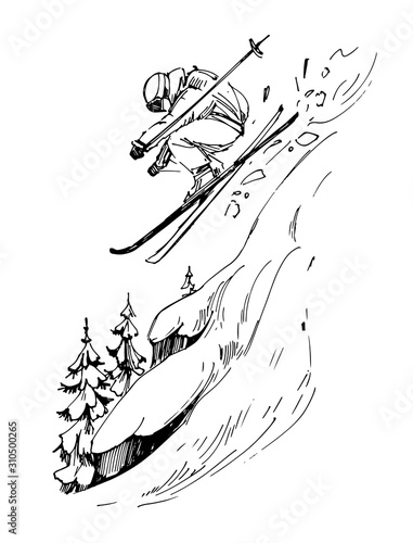 Sketch of mountains and skier. Hand drawn illustration converted to vector