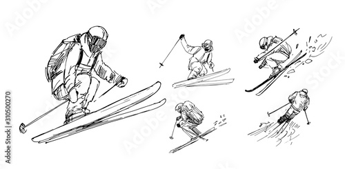 Sketches of  skiers. Outline with transparent background. Hand drawn illustration converted to vector
