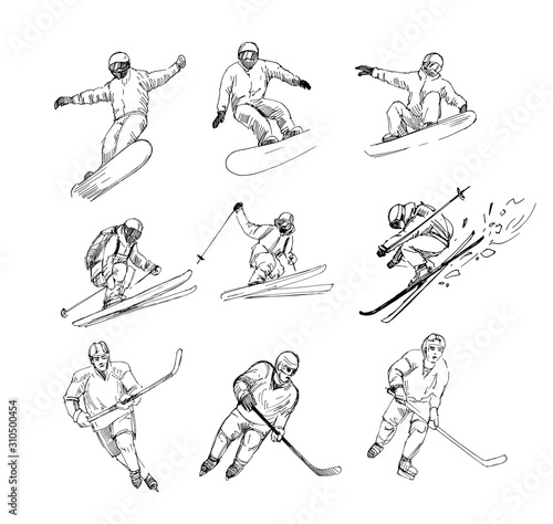 Winter sports. Snowboarder, skier, hockey player. Set of black outlines with transparent background