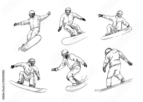 Sketch of snowboarders. Set of vector outlines with transparent background.