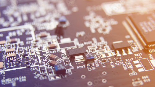 Modern printed circuit board, electronic circuit board, textolite. Background banner. Mother board, macro.