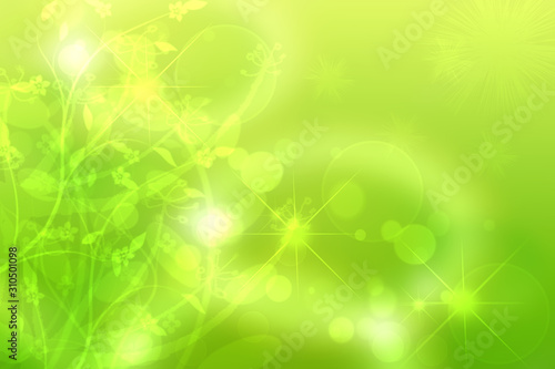 Abstract bright spring or summer landscape texture with natural green bokeh lights and flowers and bright sunny rays. Spring or summer background with copy space. Beautiful backdrop.