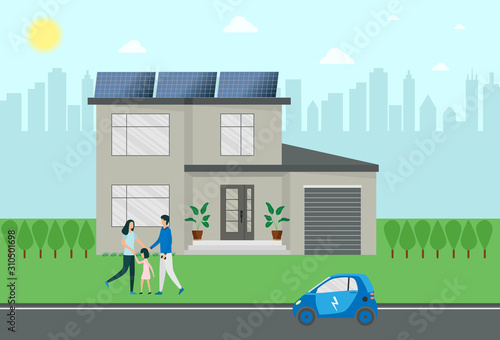 Ecohouse, a clean, smart city and a happy family. A man, woman and child are standing near their house with solar panels. There is an electric car on the road. Flat vector illustration on a blue back
