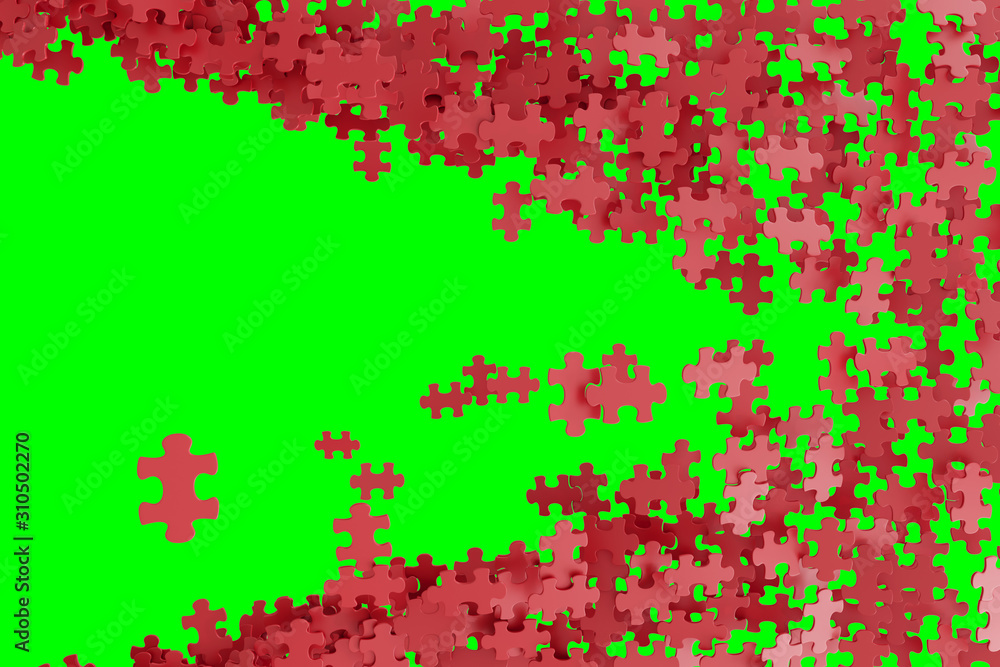 Puzzle pieces scattered by directional wind across the green screen