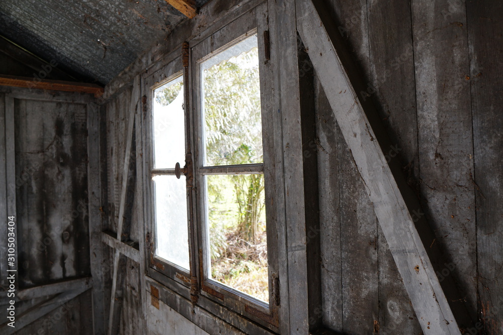 Fototapeta premium abandoned wooden old cabin with garden view window