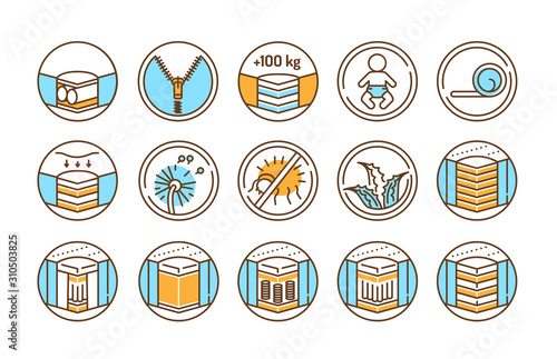 Mattress linear icons set color line icon. Different types of mattresses. Pictogram for web page, mobile app, promo. UI UX GUI design element. Editable stroke