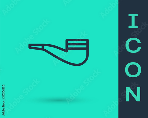 Black line Smoking pipe with smoke icon isolated on green background. Tobacco pipe.  Vector Illustration