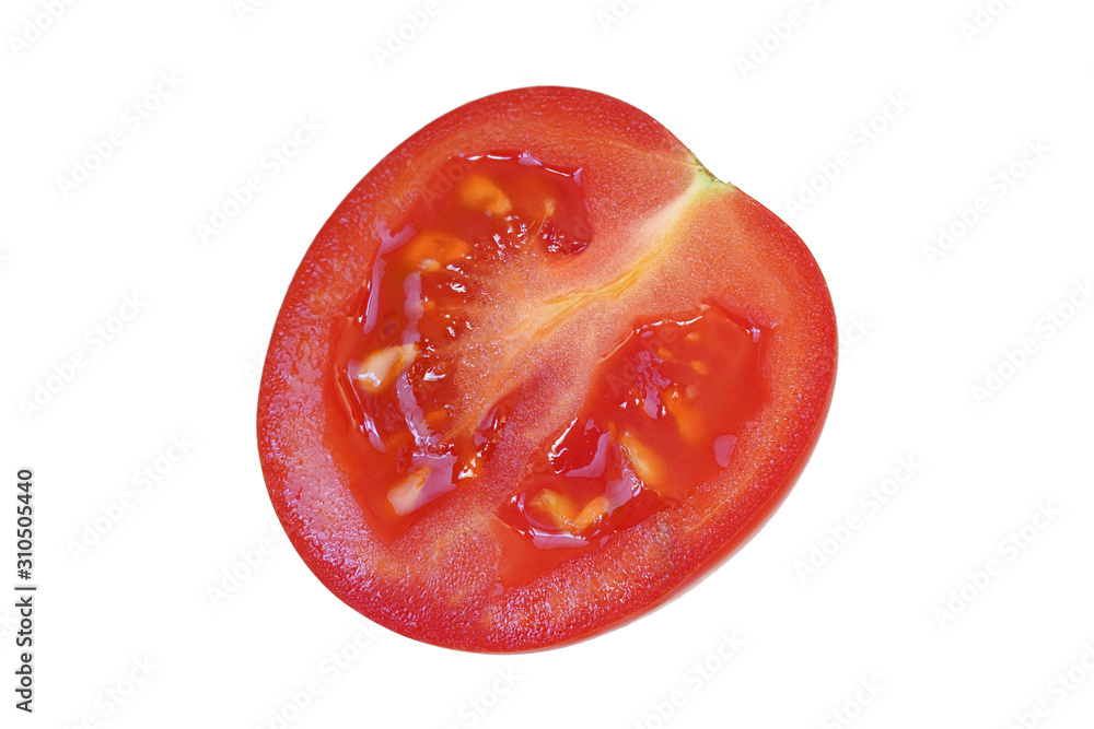 Half of small red tomato isolated on white background