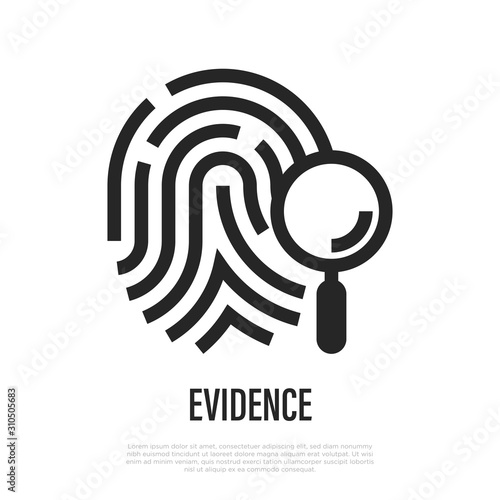 Evidence thin line icon. Magnifier on fingerprint. Vector illustration.