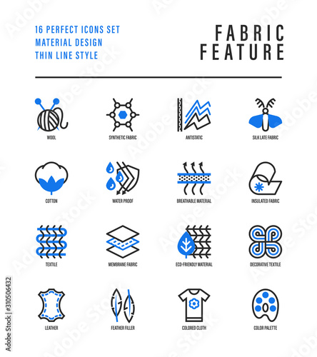 Fabric feather thin line icons set. Symbols of wool, synthetic, silk, antistatic, waterproof, leather, feather filler, eco-friendly, breatheable material. Vector illustration. photo