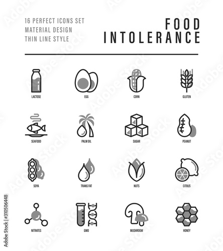 Food intolerance thin line icons set. Symbols of lactose, egg, gluten, corn, seafood, palm oil, peanut, trans fat, citrus, GMO, honey, mushroom. Vector illustration for packaging.
