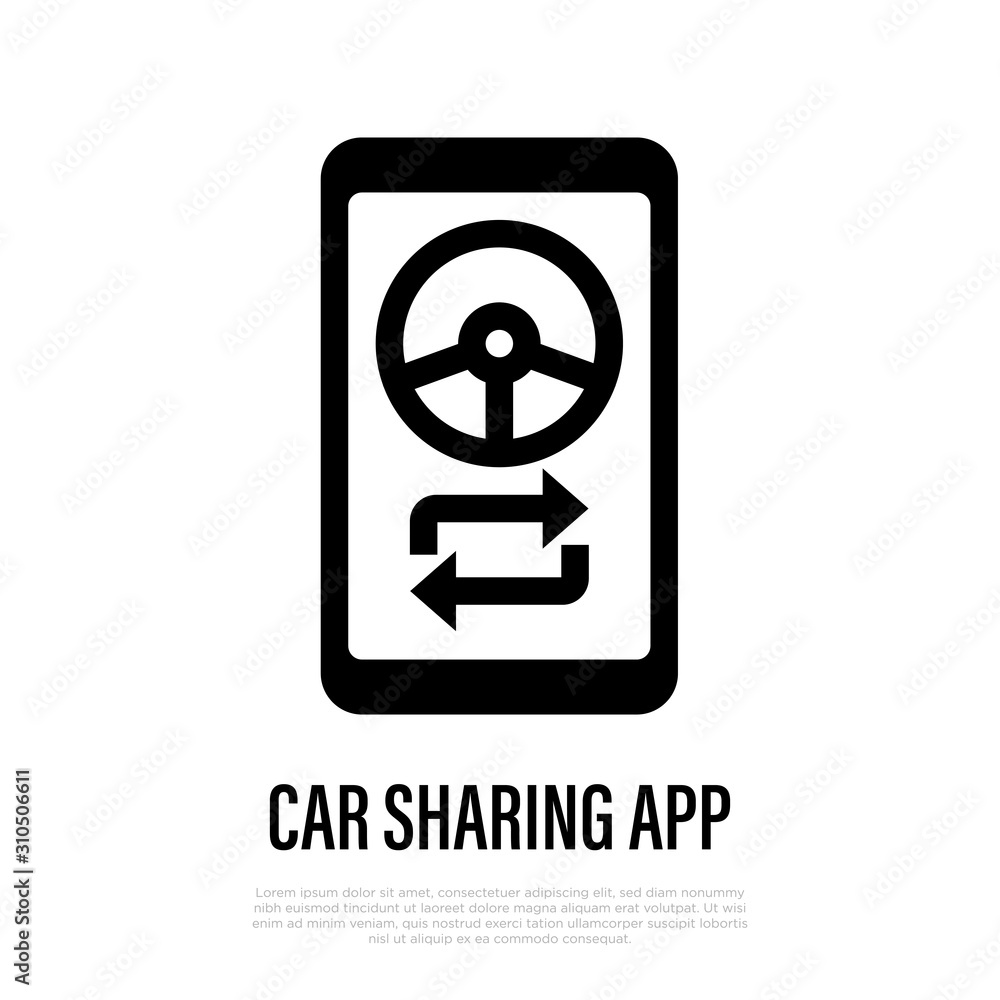 Car sharing app thin line icon. Steering wheel with arrows on smartphone screen. Vector illustration. Car sharing app thin line icon. Steering wheel with arrows on smartphone screen. Vector illustration.