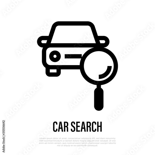 Car search thin line icon. Car with magnifier. Vector illustration.
