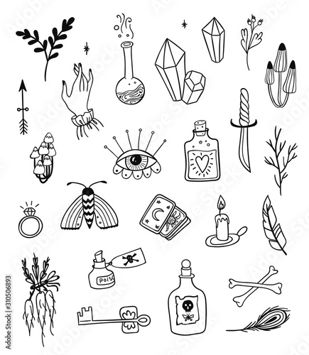 Hand drawn magic set, witchcraft vector doodle symbols. Magician and alchemy tools collection: eye, crystal, roots, potion, feather, mushrooms, candle. 