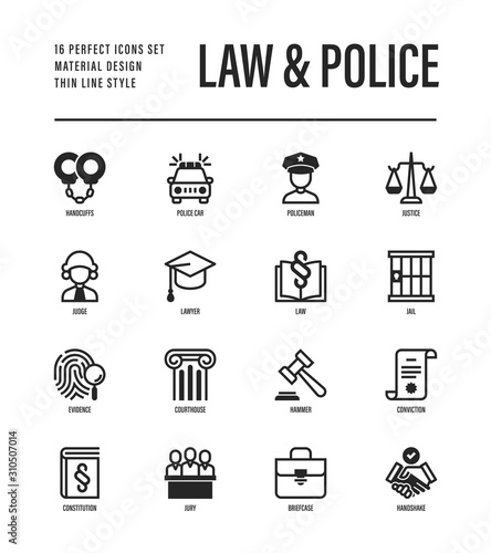 Law and police set. Policeman, judge, prosecutor, lawyer, court, prison, fingerprint, conviction, evidence flat line icons. Vector illustration.