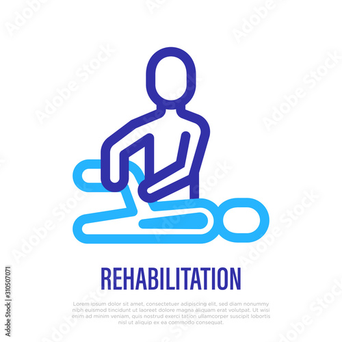 Rehabilitation, physiotherapy thin line icon. Exercises with therapist after injury. Vector illustration.